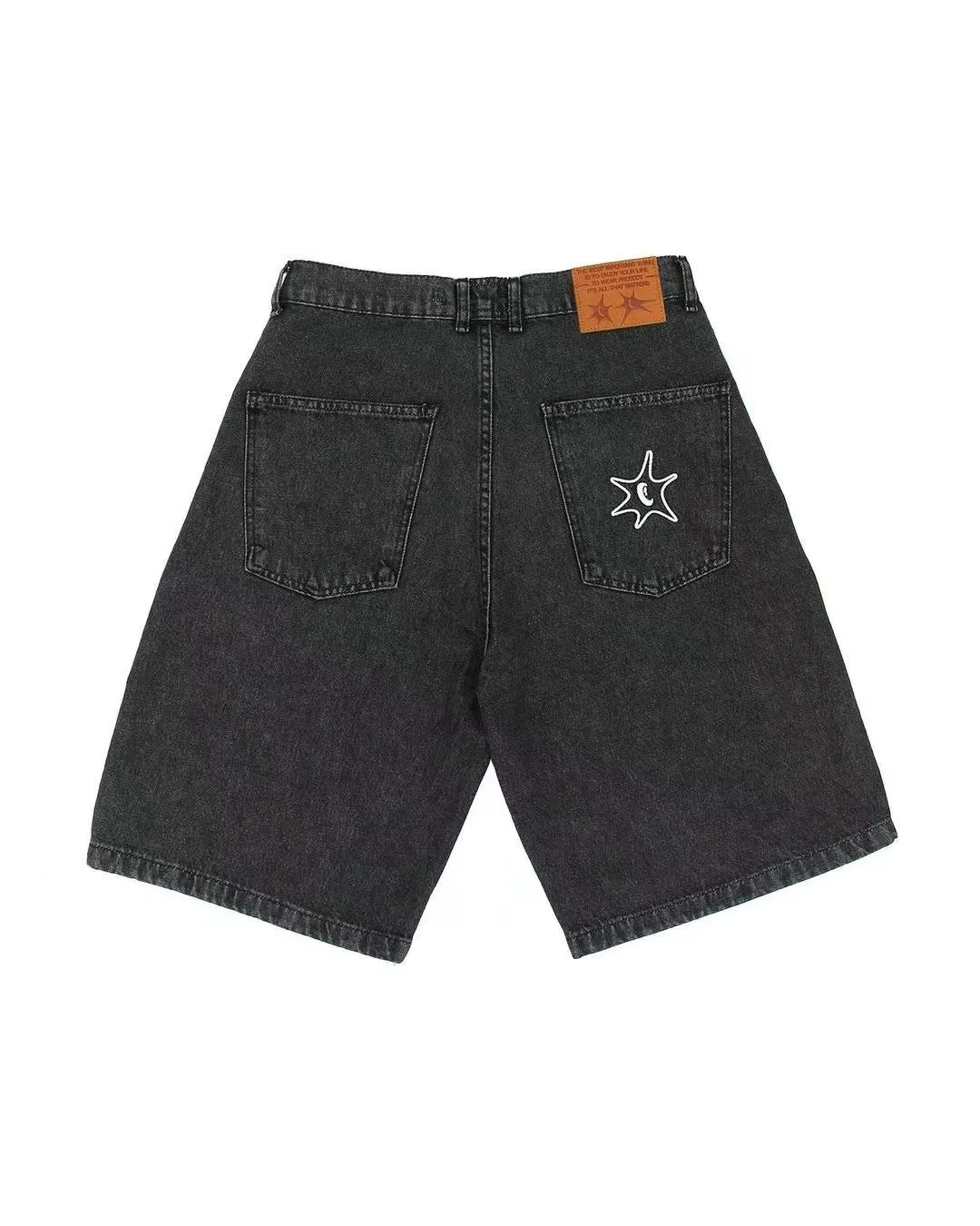 Men's blue denim hip hop shorts with straight leg cut on mannequin