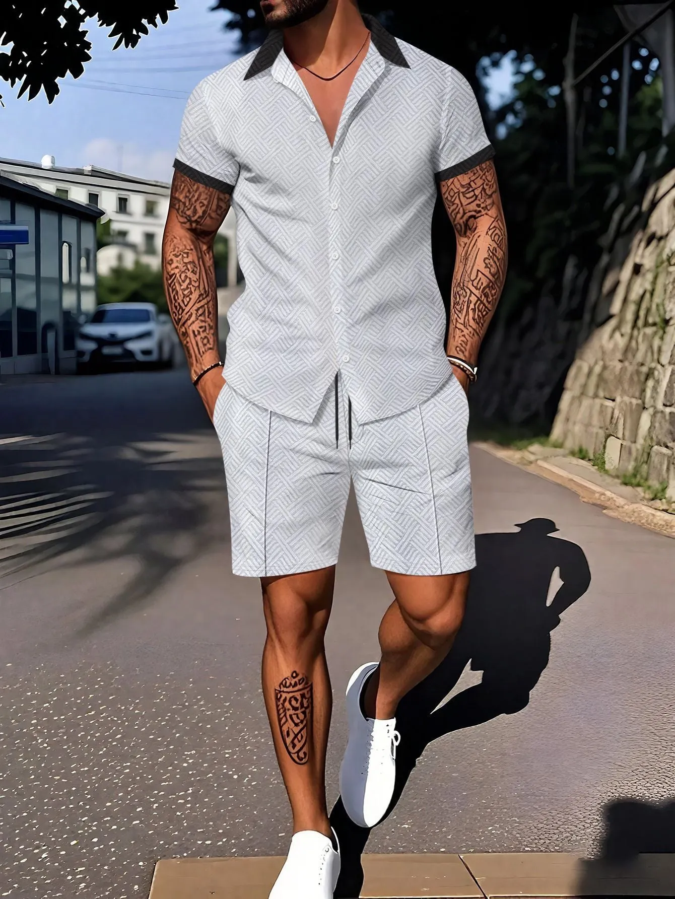 Man wearing a digital print short sleeve top and matching shorts from a casual suit set.