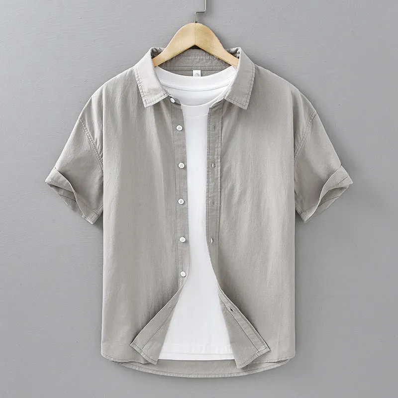 Men's loose-fitting cotton cardigan-style summer shirt with short sleeves in light gray