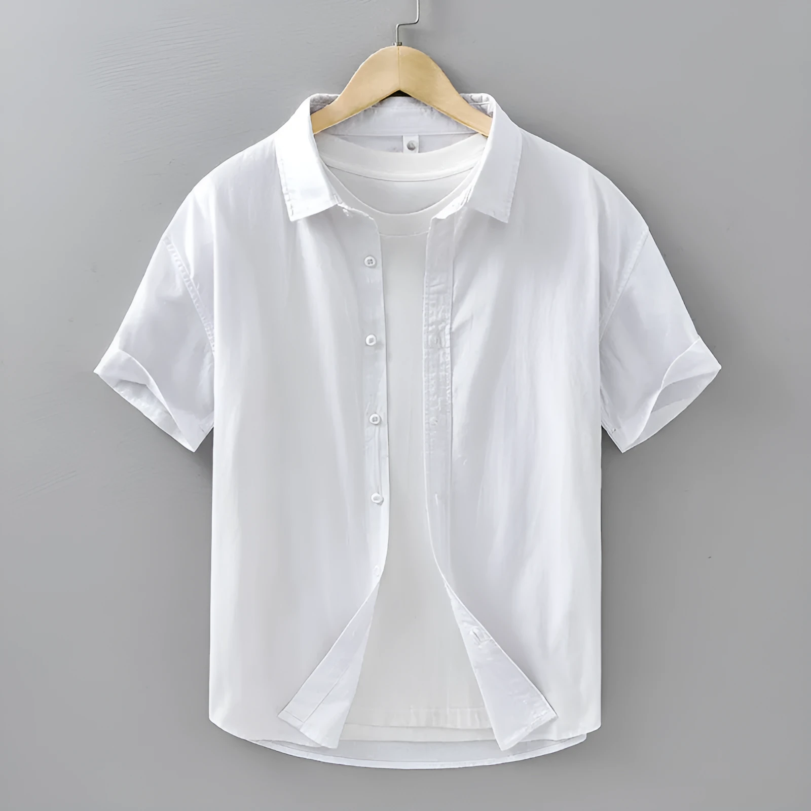 Men's loose-fitting cotton cardigan-style summer shirt with short sleeves in light gray