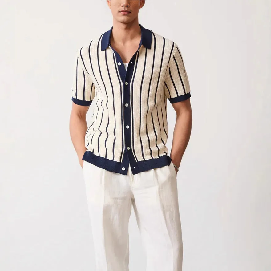 Men's white ice silk knitted top with asymmetric lapel and British style design