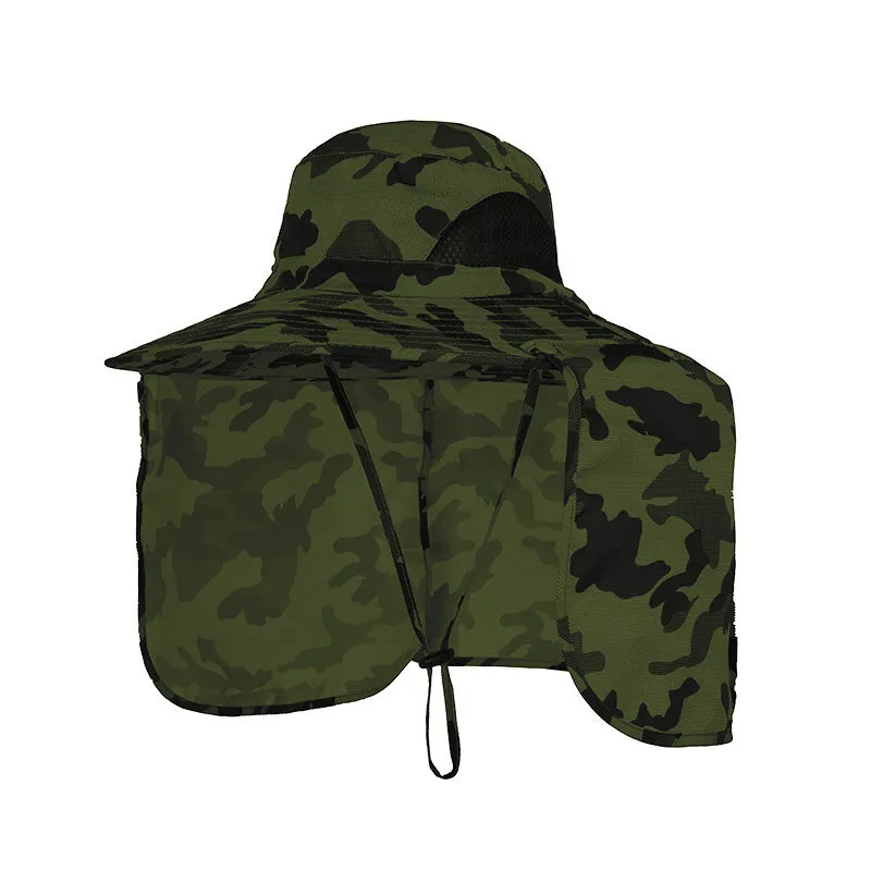 Nylon fisherman hat with neck sun protection flap in camouflage pattern