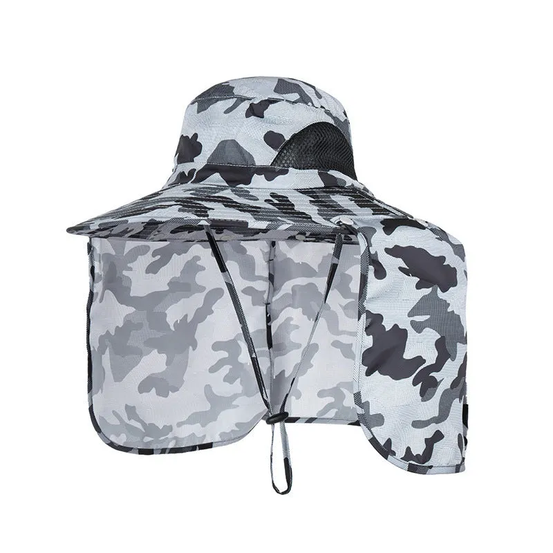 Nylon fisherman hat with neck sun protection flap in camouflage pattern