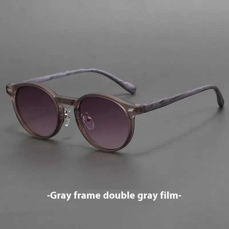 Retro frosted round rim sunglasses with patterned lenses in sand white frame and grey yellow lenses.