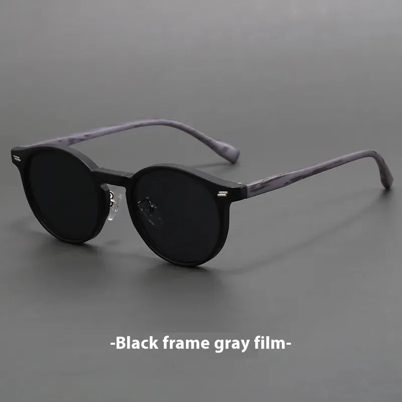 Retro frosted round rim sunglasses with patterned lenses in sand white frame and grey yellow lenses.