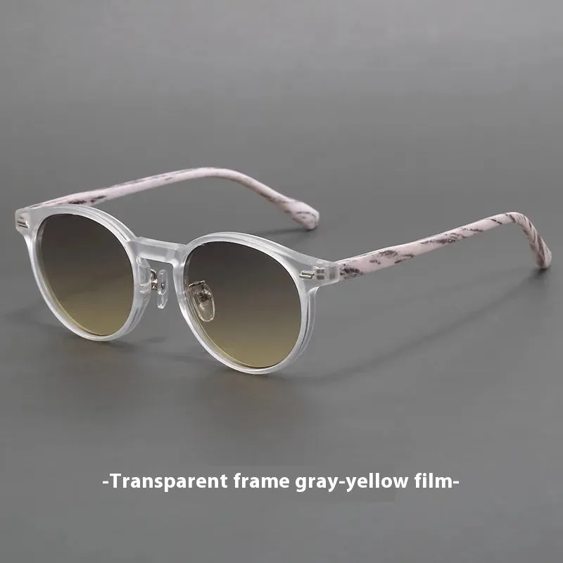 Retro frosted round rim sunglasses with patterned lenses in sand white frame and grey yellow lenses.