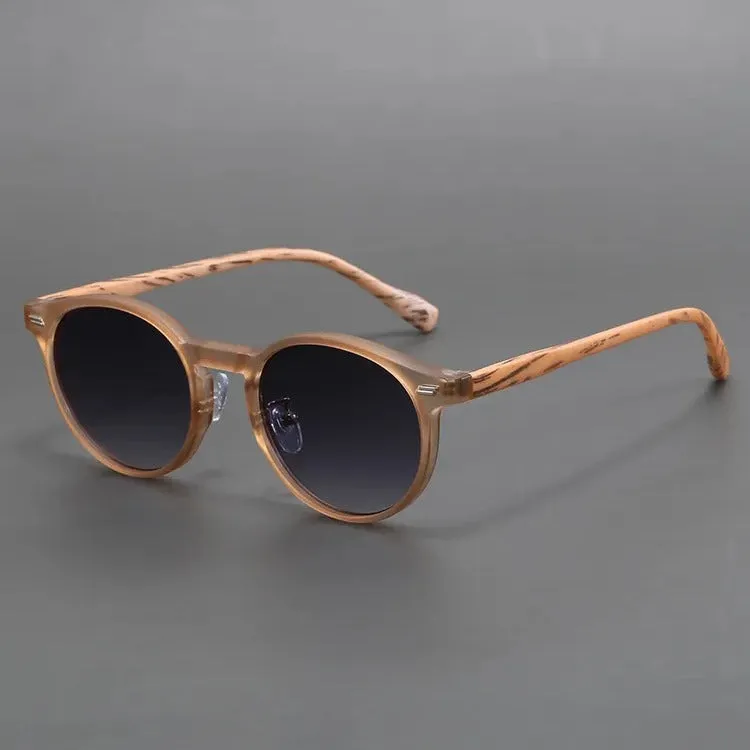 Retro frosted round rim sunglasses with patterned lenses in sand white frame and grey yellow lenses.