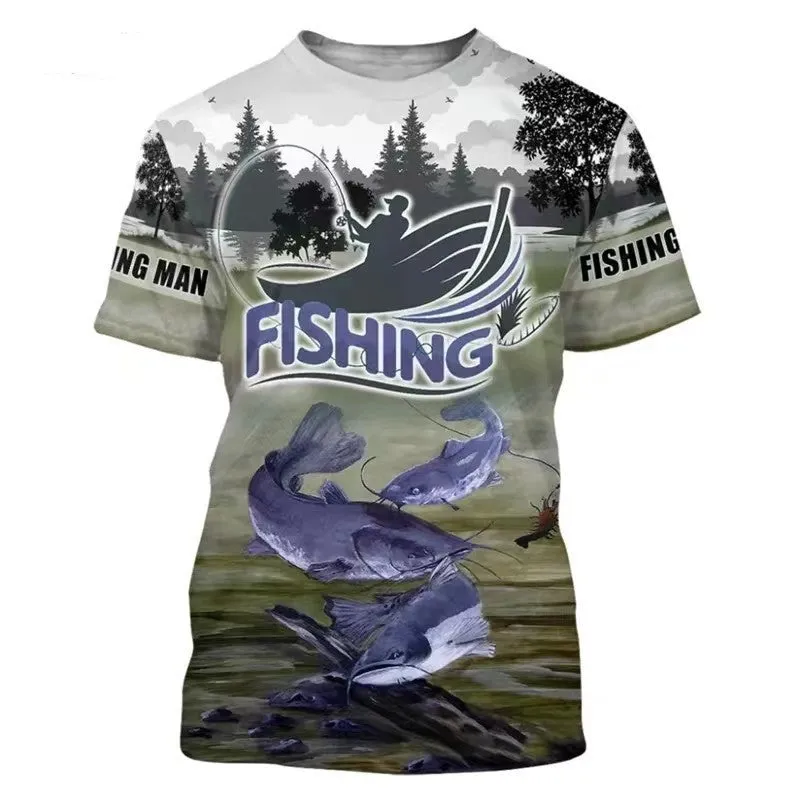Men's fishing pattern printed t-shirt in loose fit with digital print design