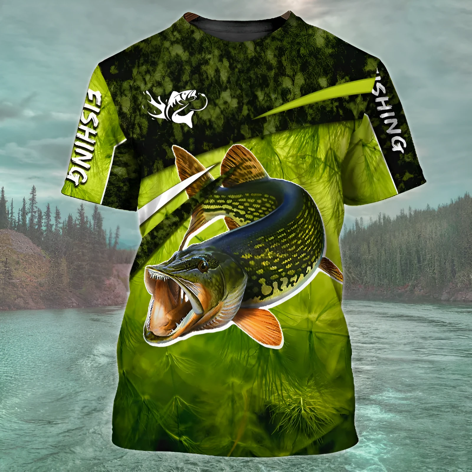 Men's fishing pattern printed t-shirt in loose fit with digital print design
