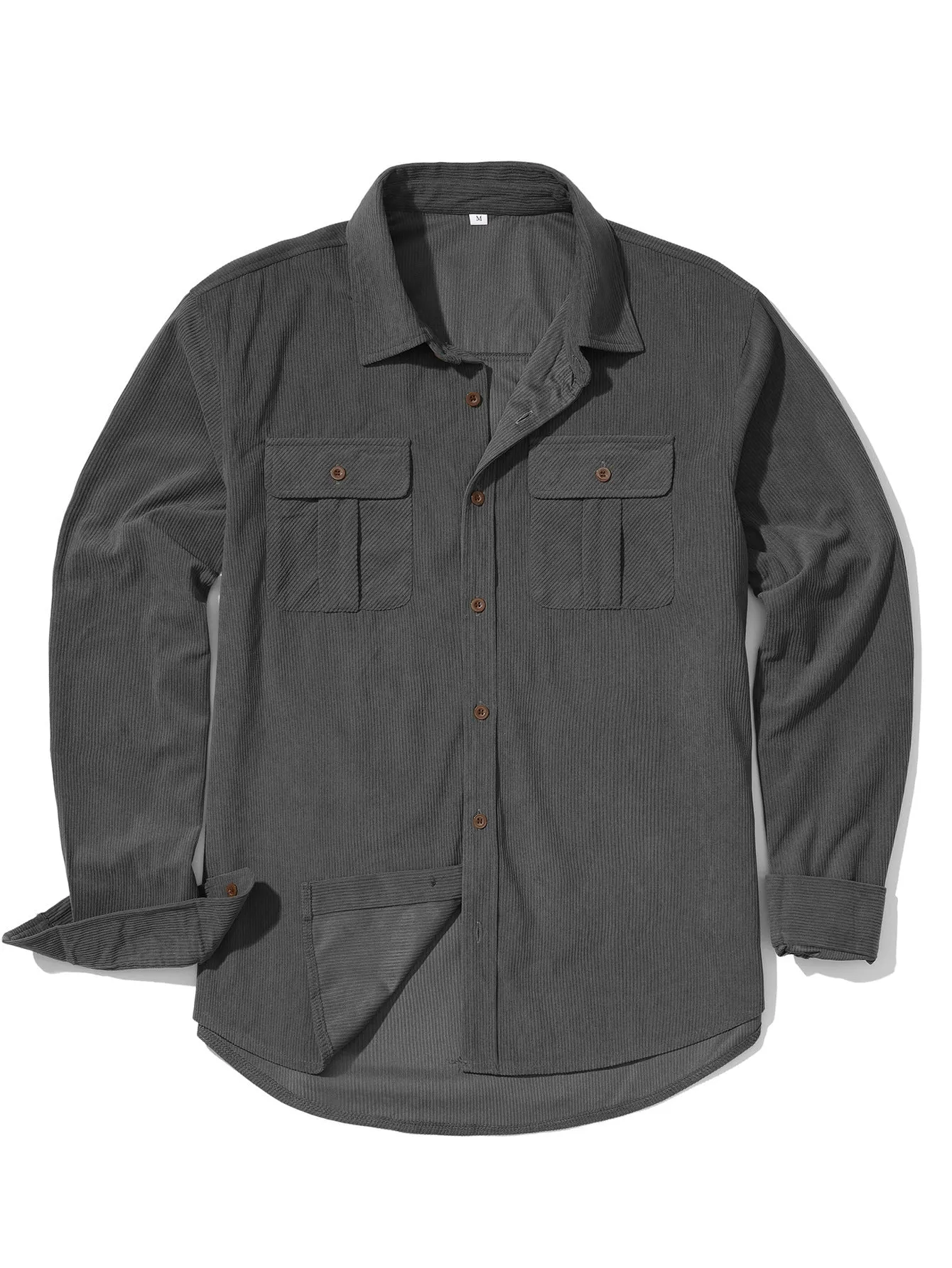 Men's retro corduroy shirt with velvet finish in Army Green colour showing loose fit and long sleeves