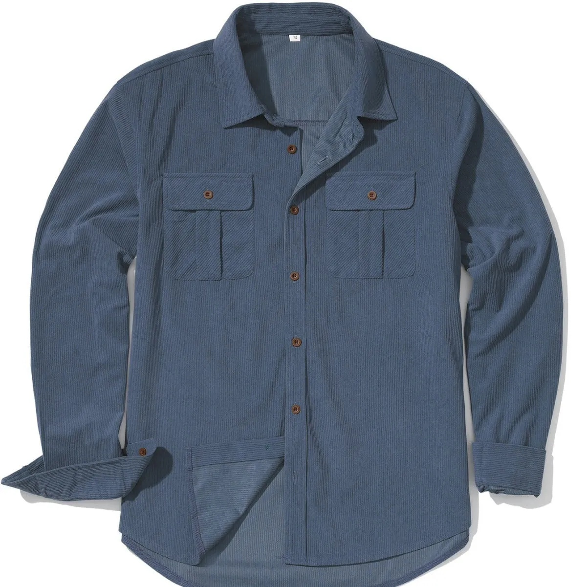 Men's retro corduroy shirt with velvet finish in Army Green colour showing loose fit and long sleeves