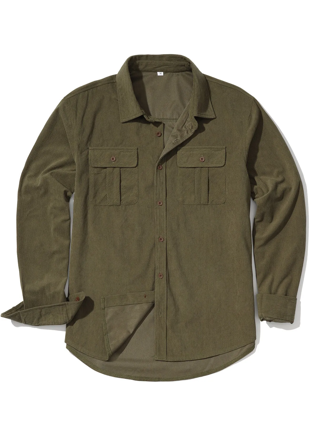 Men's retro corduroy shirt with velvet finish in Army Green colour showing loose fit and long sleeves
