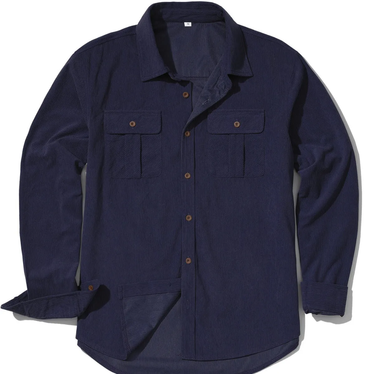 Men's retro corduroy shirt with velvet finish in Army Green colour showing loose fit and long sleeves