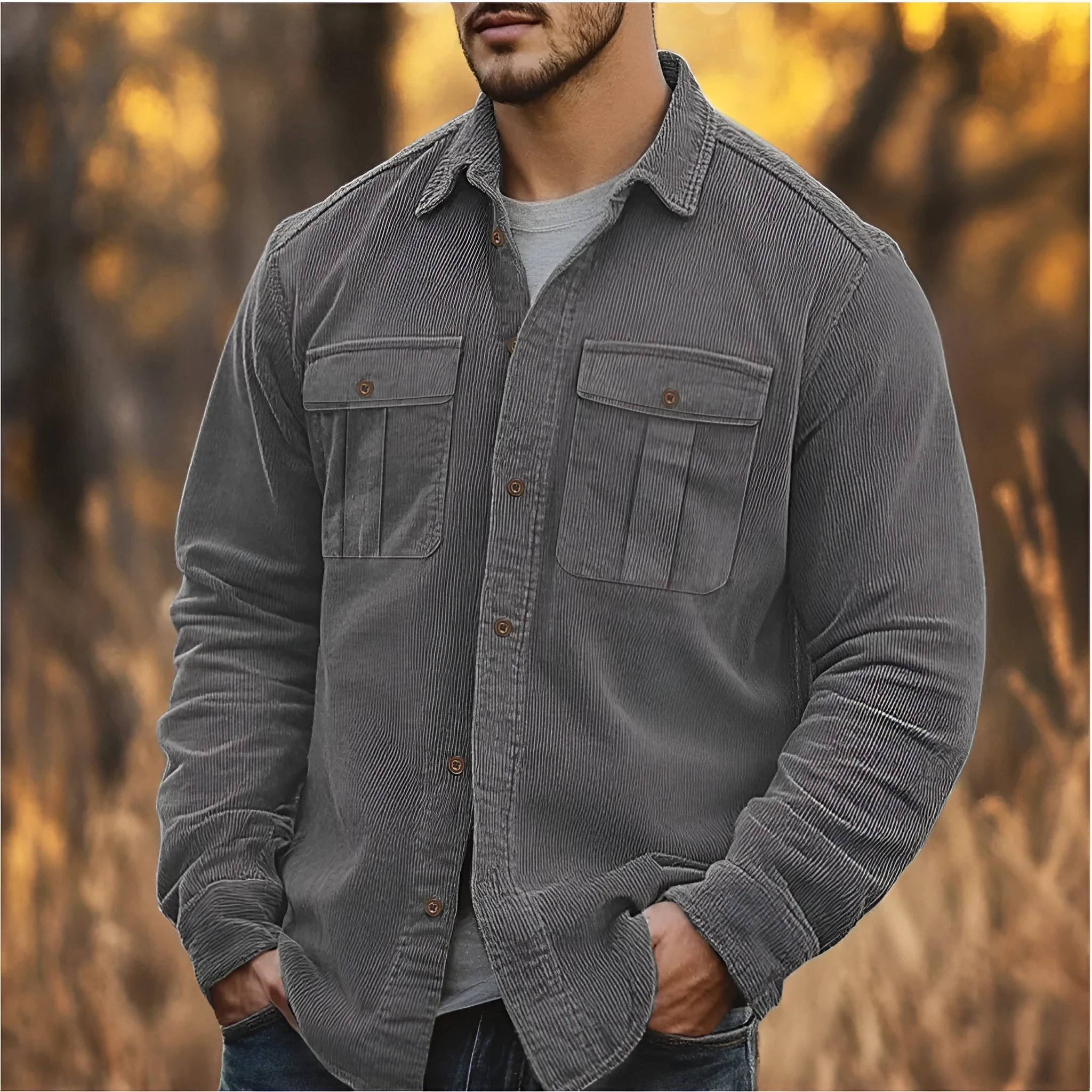 Men's retro corduroy shirt with velvet finish in Army Green colour showing loose fit and long sleeves
