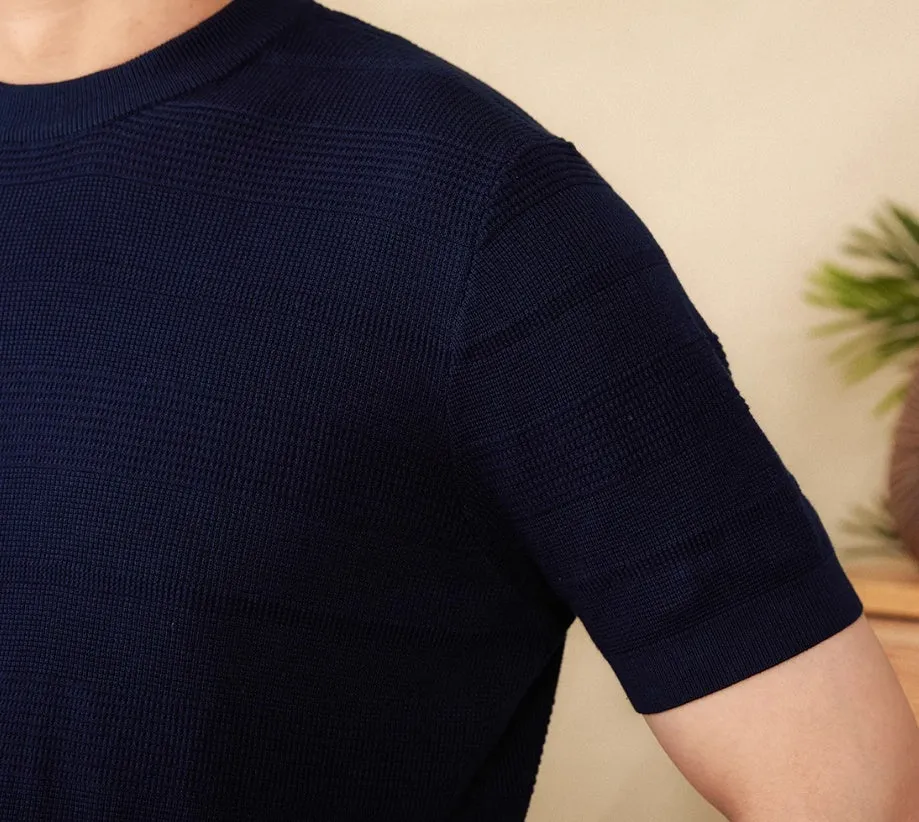Pure cotton retro summer t-shirt in off-white or royal blue with round neck and short sleeves