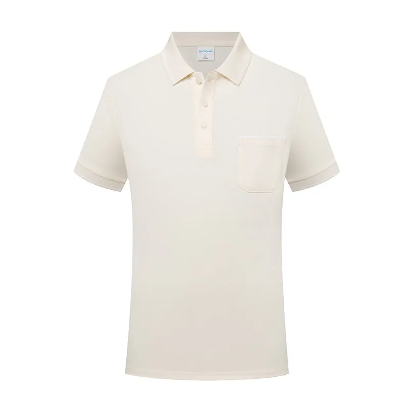 Lapel collar short sleeve polo shirt in spandex with a chest pocket, shown in apricot colour.