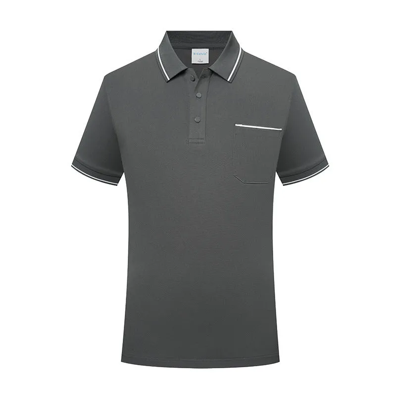 Lapel collar short sleeve polo shirt in spandex with a chest pocket, shown in apricot colour.