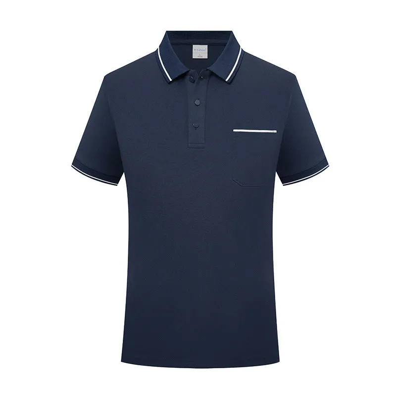 Lapel collar short sleeve polo shirt in spandex with a chest pocket, shown in apricot colour.