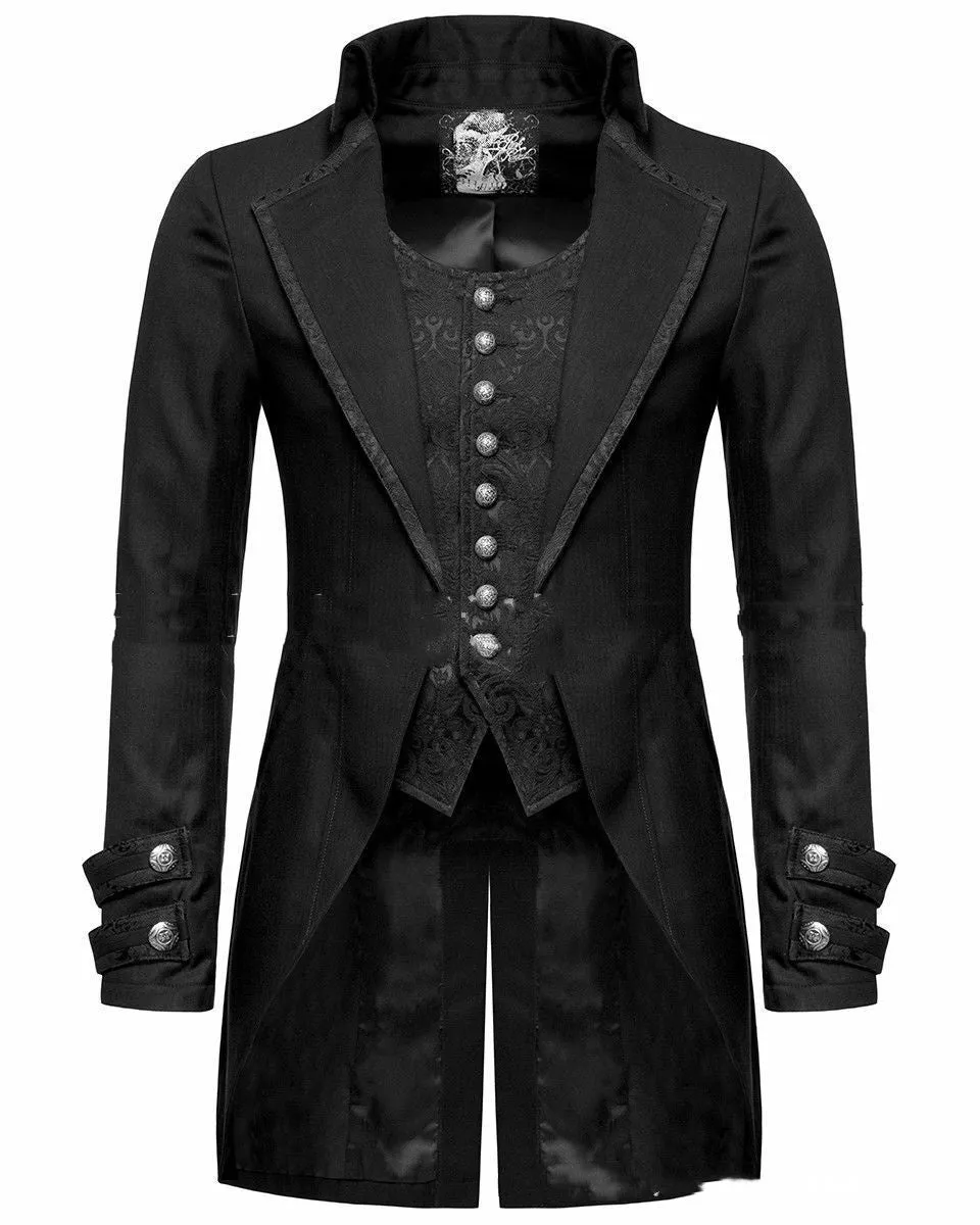 Black Victorian morning gown cosplay jacket for men, unisex gothic costume clothing.