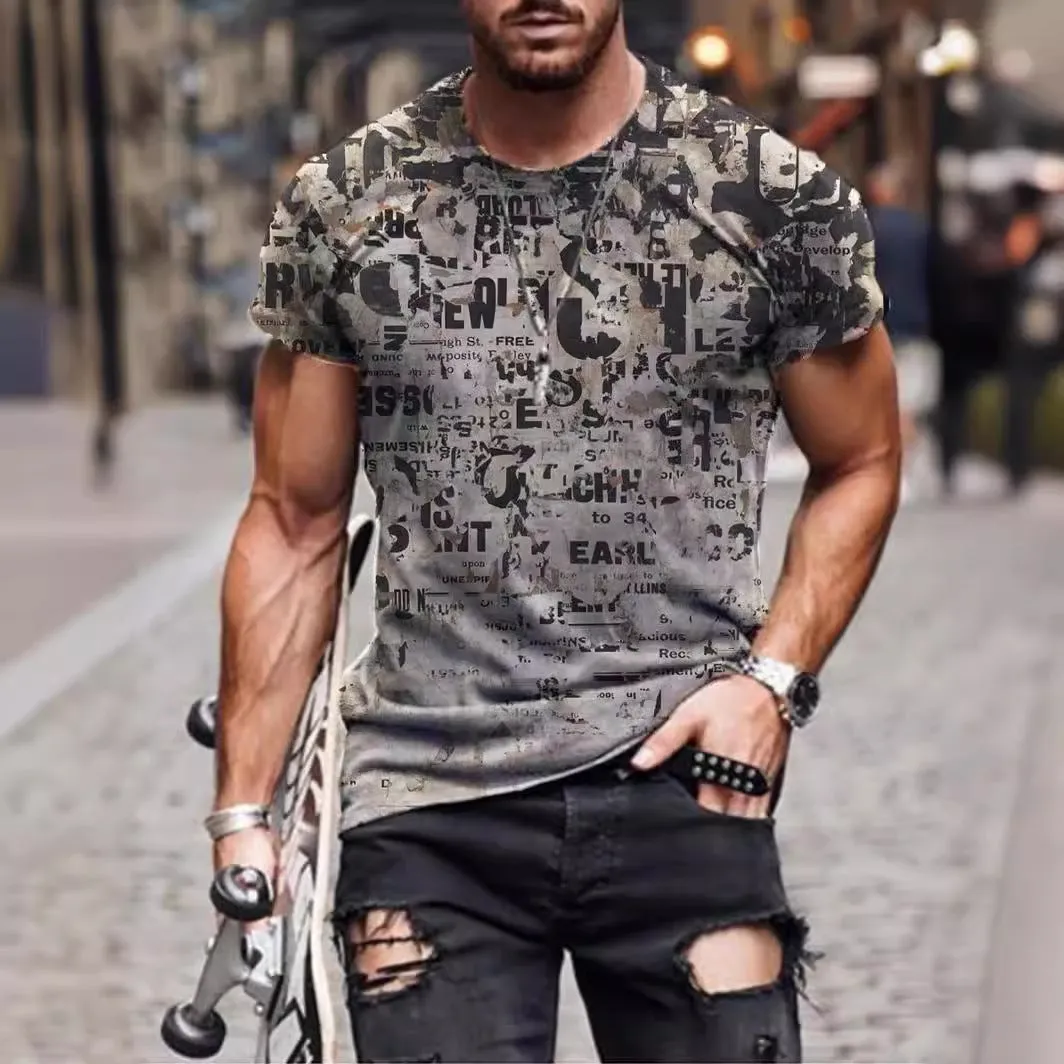 Man wearing a loose-fit camouflage print short-sleeved T-shirt in milk silk fabric.