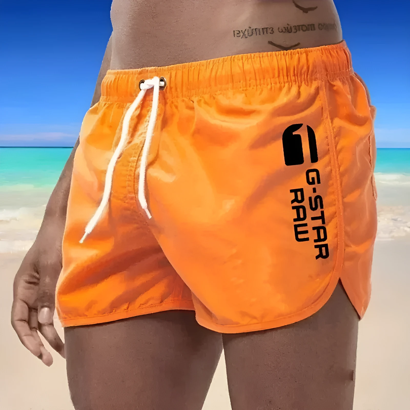 Men's thin polyester hemp-blend beach shorts in various colours with micro-elastic waistband for sports