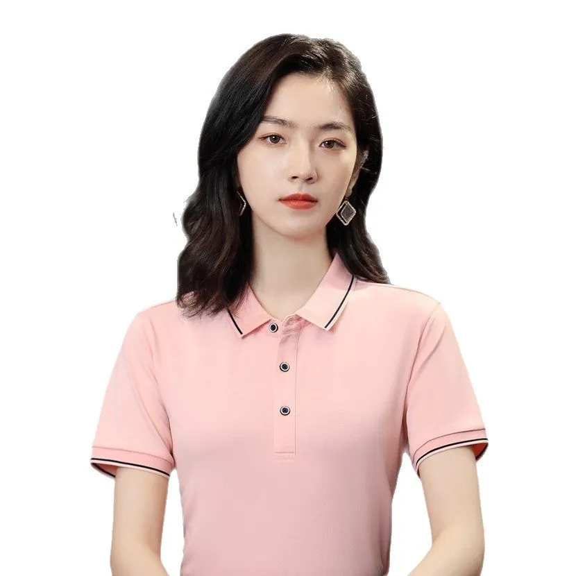 Short-sleeved polo work shirt for beauticians in cool silk cotton fabric with asymmetrical design