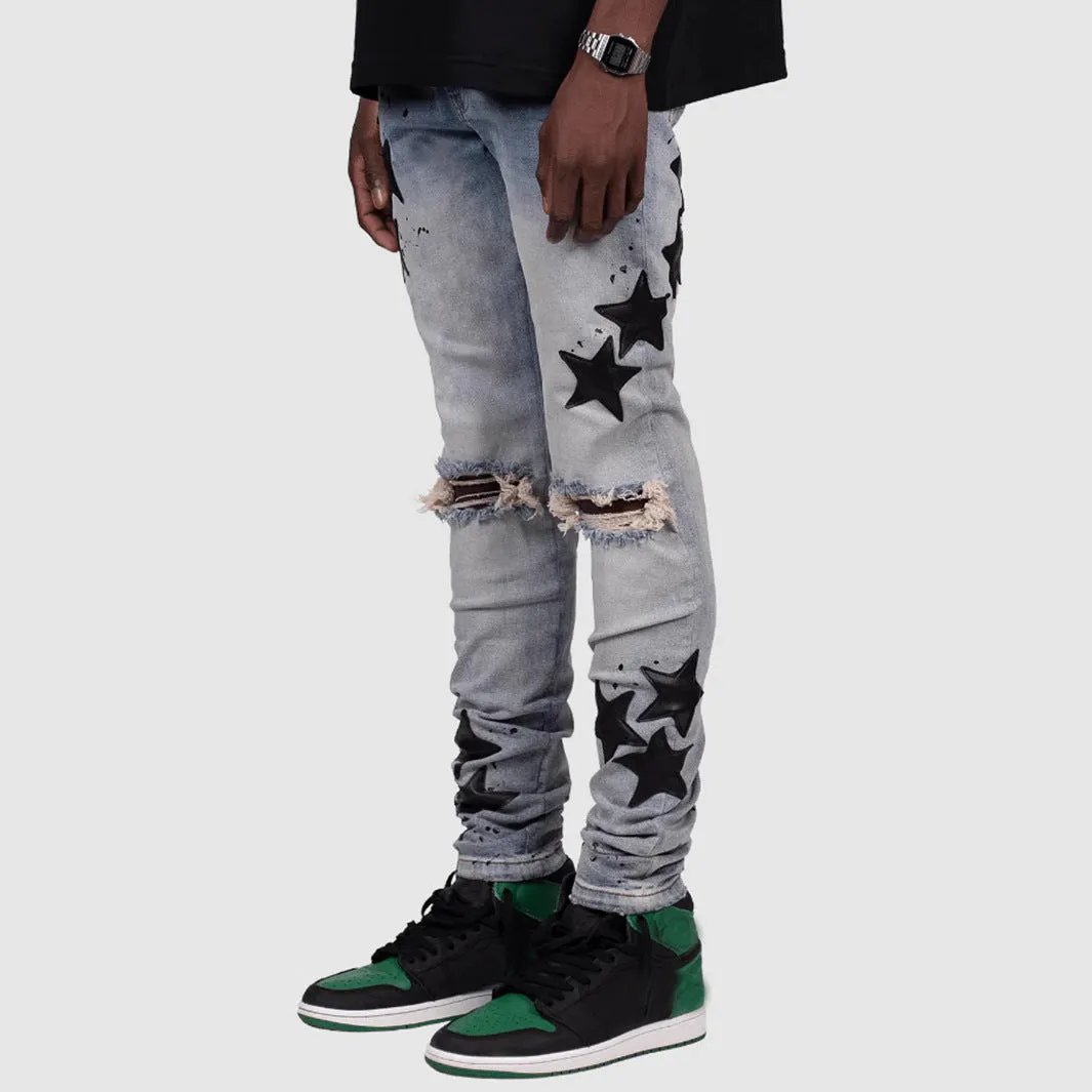 Men's slim fit blue jeans with embroidery detail and stretch fabric