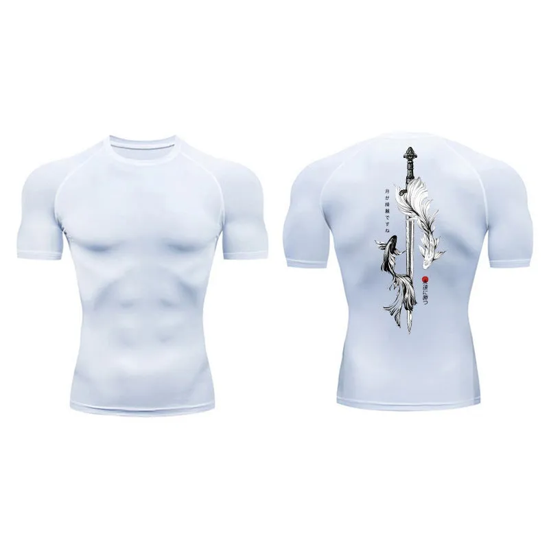 Men's short sleeve compression shirt with sword print design in chemical fibre blend fabric