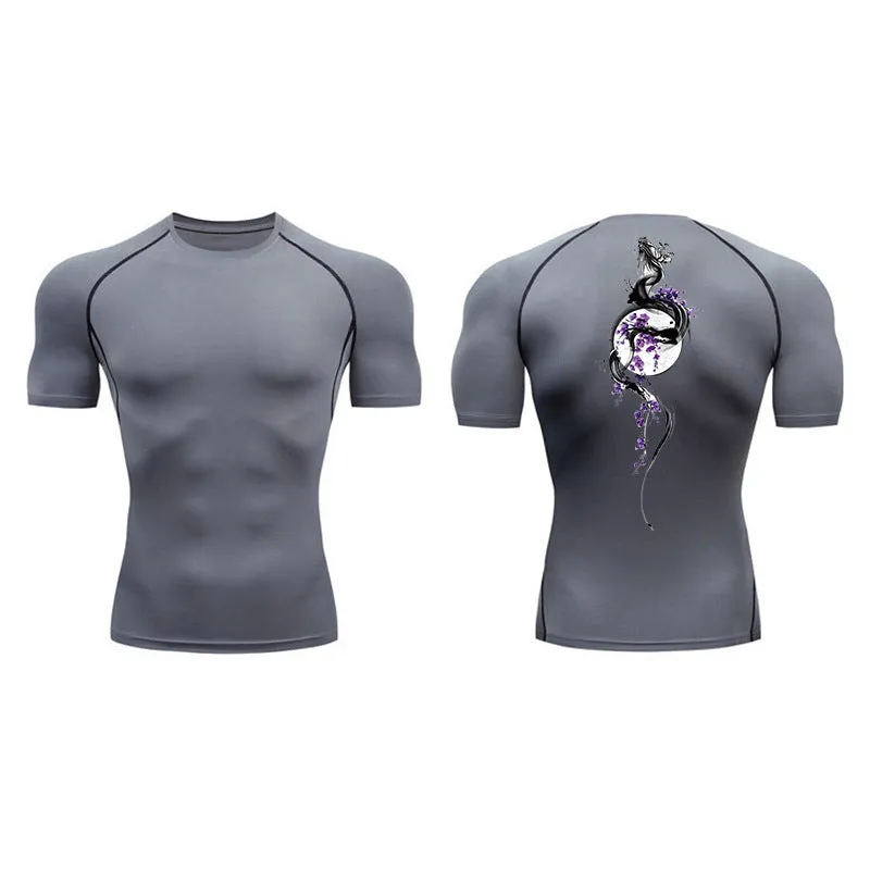 Men's short sleeve compression shirt with sword print design in chemical fibre blend fabric