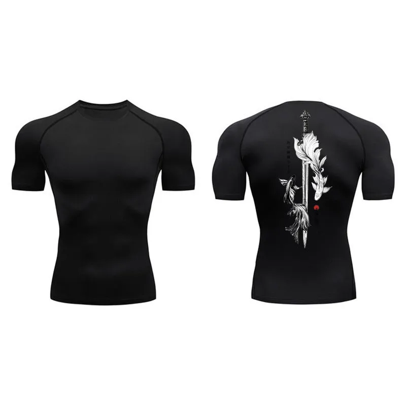 Men's short sleeve compression shirt with sword print design in chemical fibre blend fabric