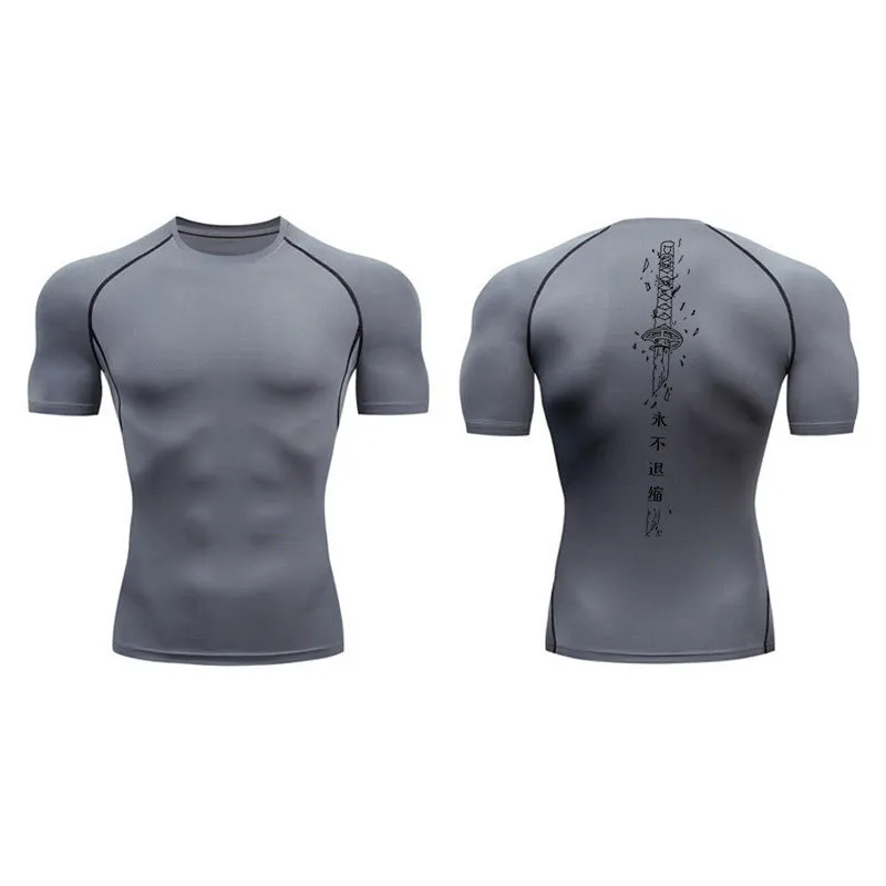 Men's short sleeve compression shirt with sword print design in chemical fibre blend fabric