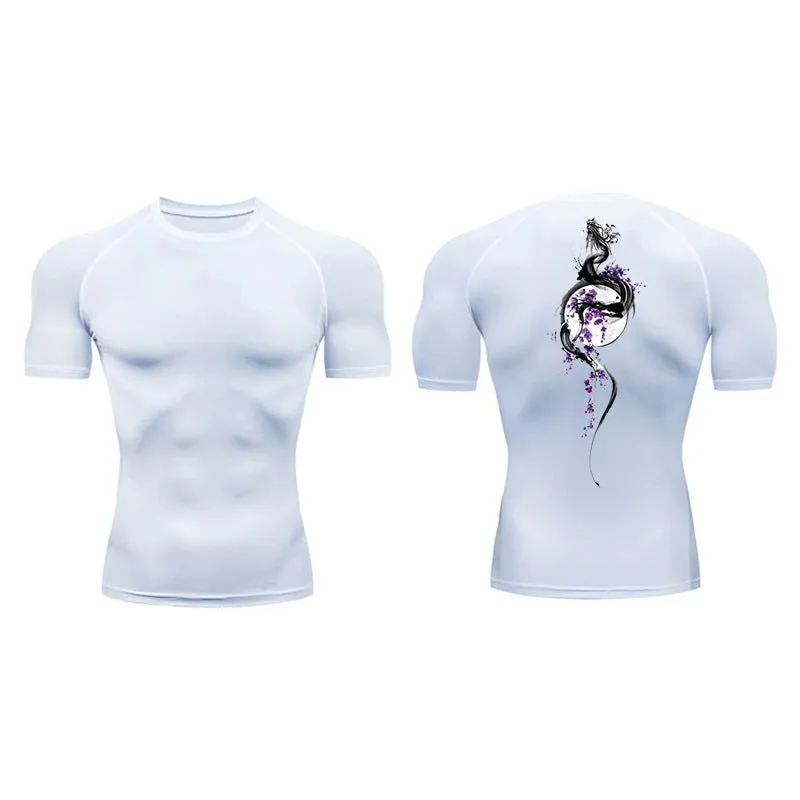 Men's short sleeve compression shirt with sword print design in chemical fibre blend fabric