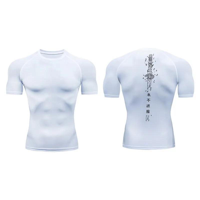 Men's short sleeve compression shirt with sword print design in chemical fibre blend fabric