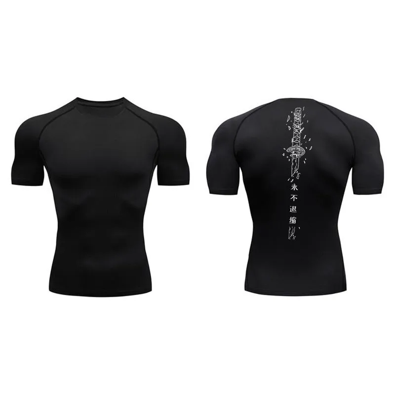 Men's short sleeve compression shirt with sword print design in chemical fibre blend fabric