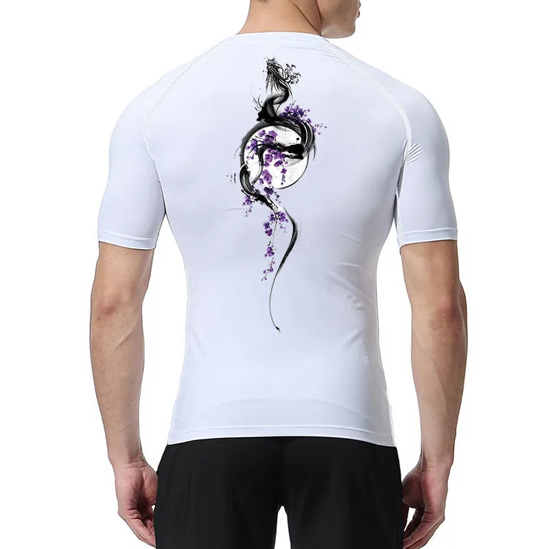Men's short sleeve compression shirt with sword print design in chemical fibre blend fabric