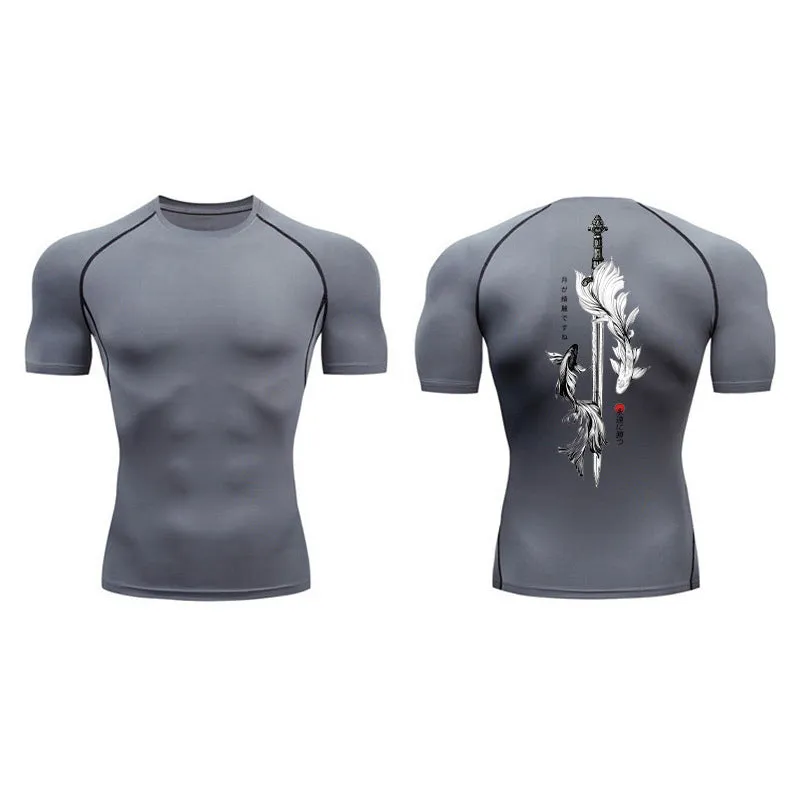Men's short sleeve compression shirt with sword print design in chemical fibre blend fabric