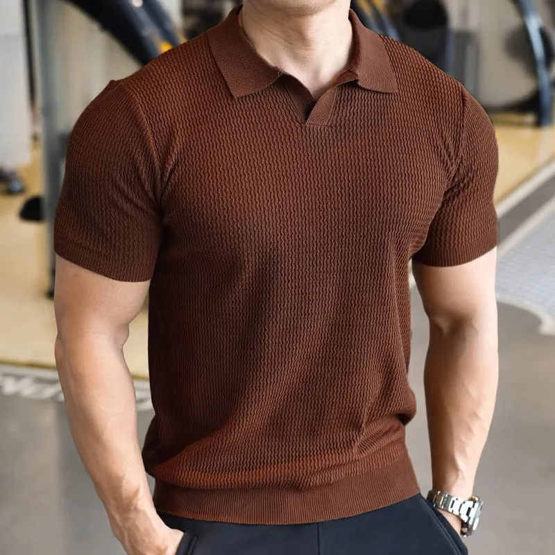 Men's slim fit Henry collar polo shirt in thin polyester fabric, shown in solid colours.