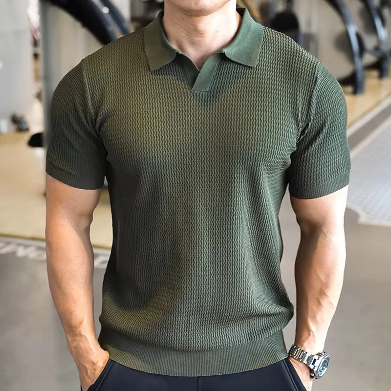 Men's slim fit Henry collar polo shirt in thin polyester fabric, shown in solid colours.