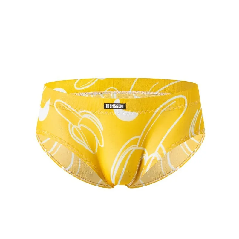 Men's low waist printed briefs in soft polyester, showing colour options including green, leopard print, and star print.