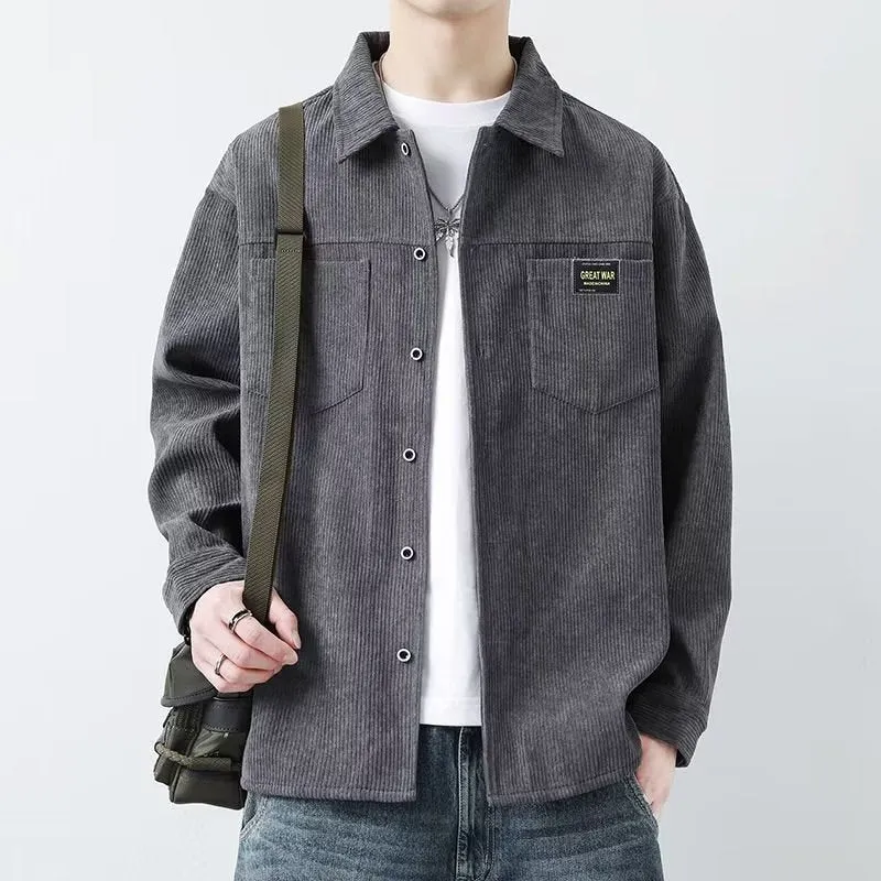 Men's corduroy casual jacket in cardigan style with long sleeves