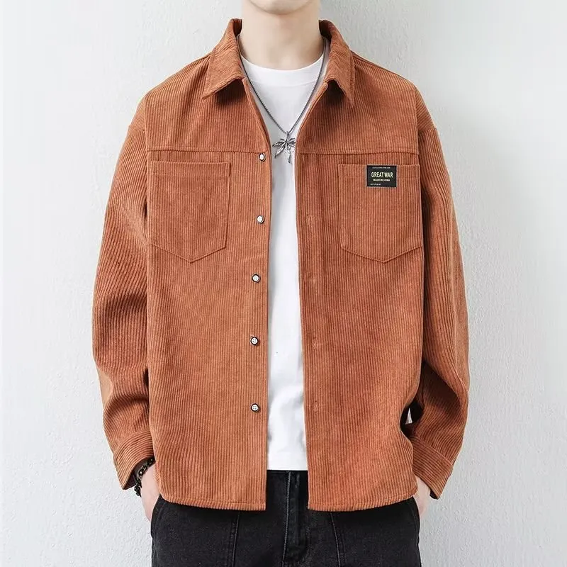 Men's corduroy casual jacket in cardigan style with long sleeves