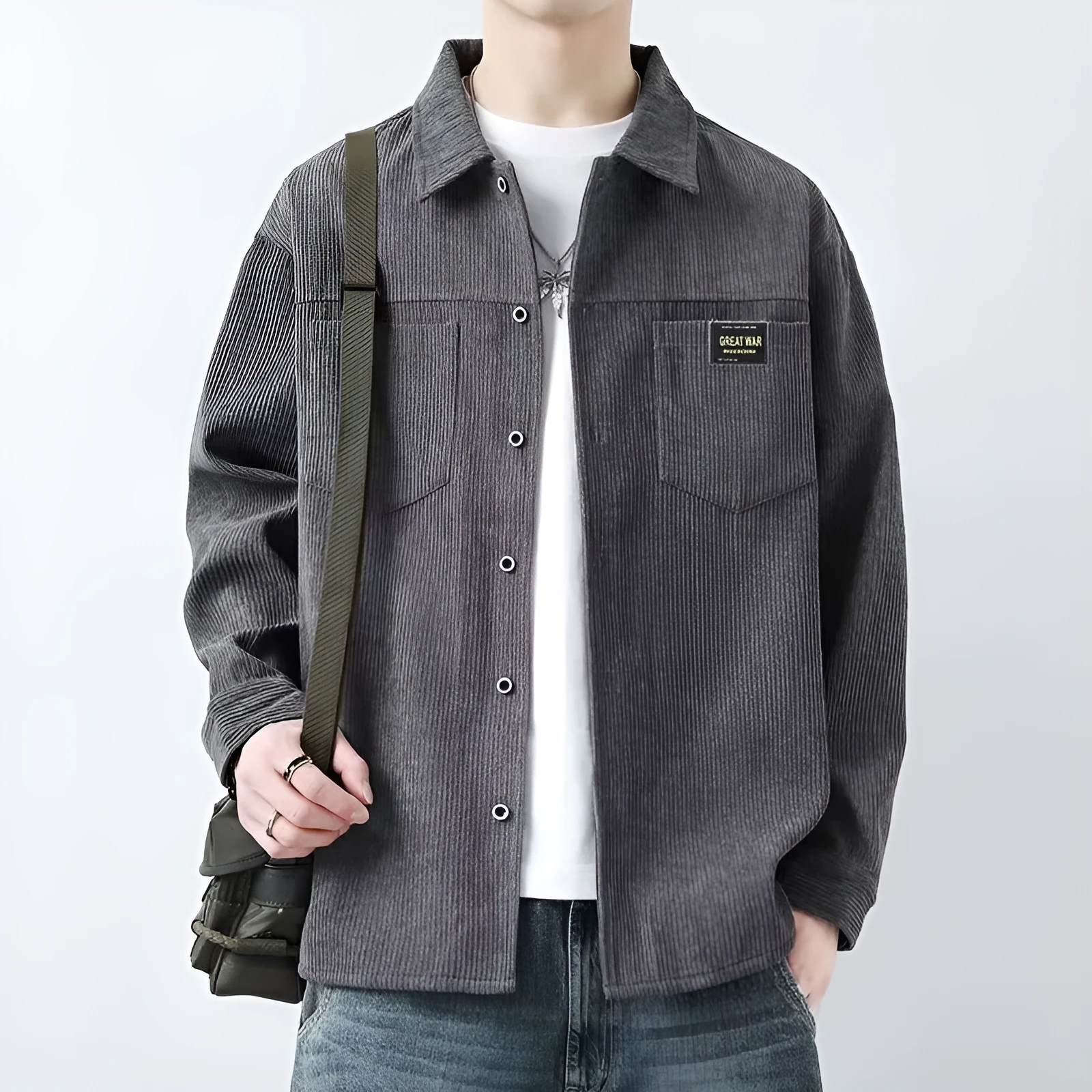 Men's corduroy casual jacket in cardigan style with long sleeves