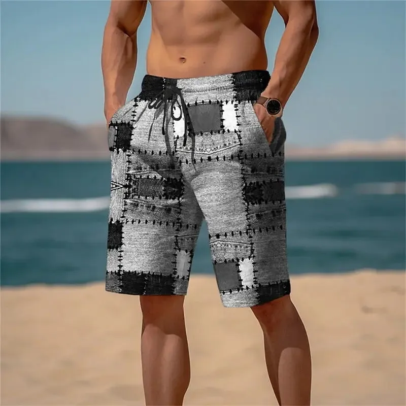 Men's 3D plaid mesh shorts in a loose fit, showing the patterned detail and elasticated waist.