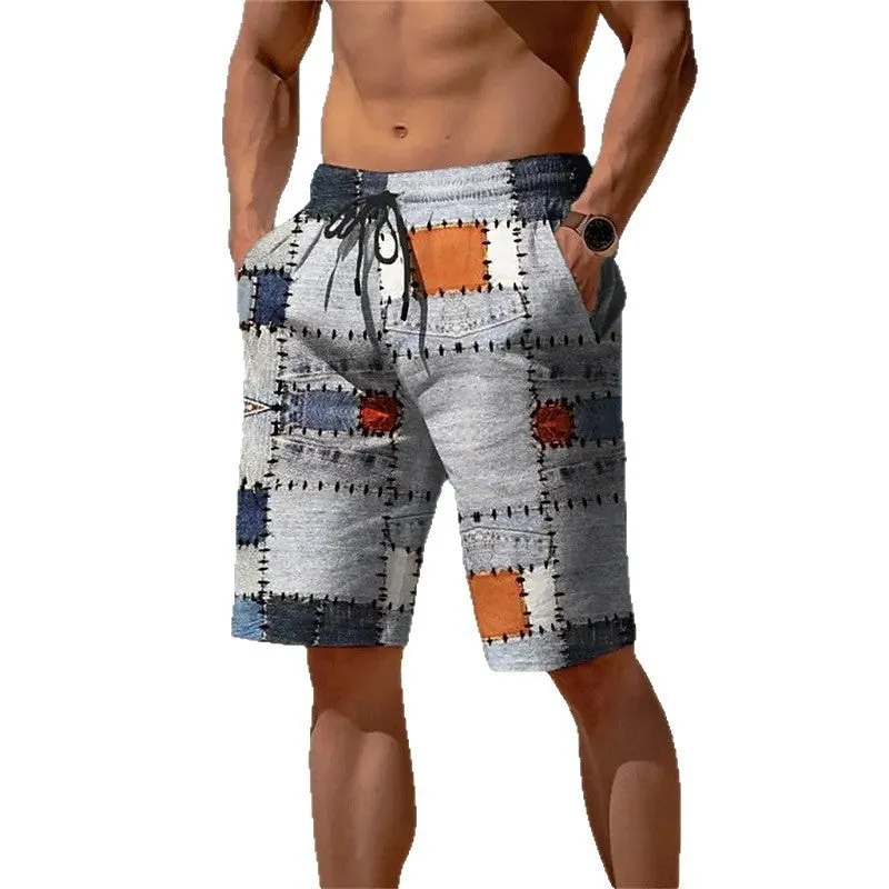 Men's 3D plaid mesh shorts in a loose fit, showing the patterned detail and elasticated waist.