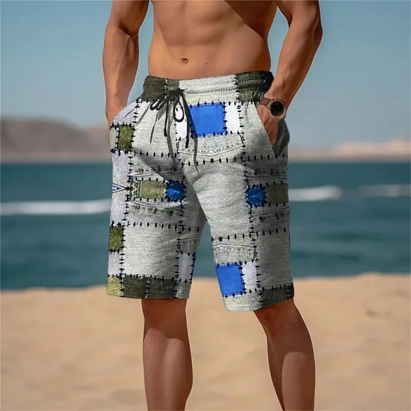 Men's 3D plaid mesh shorts in a loose fit, showing the patterned detail and elasticated waist.
