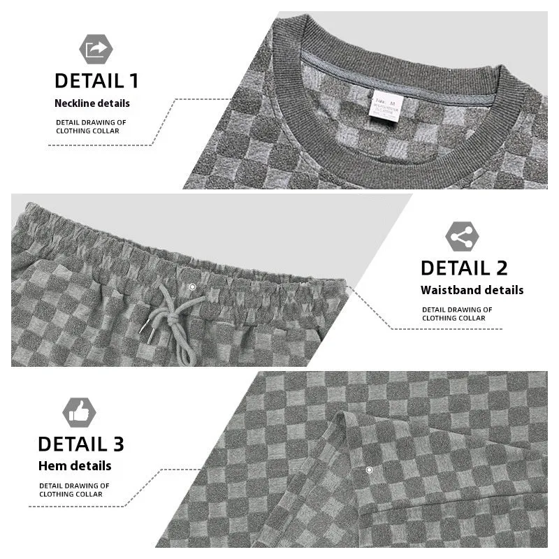 Men's black and white checkerboard plaid loose sports shorts with an elastic waistband.