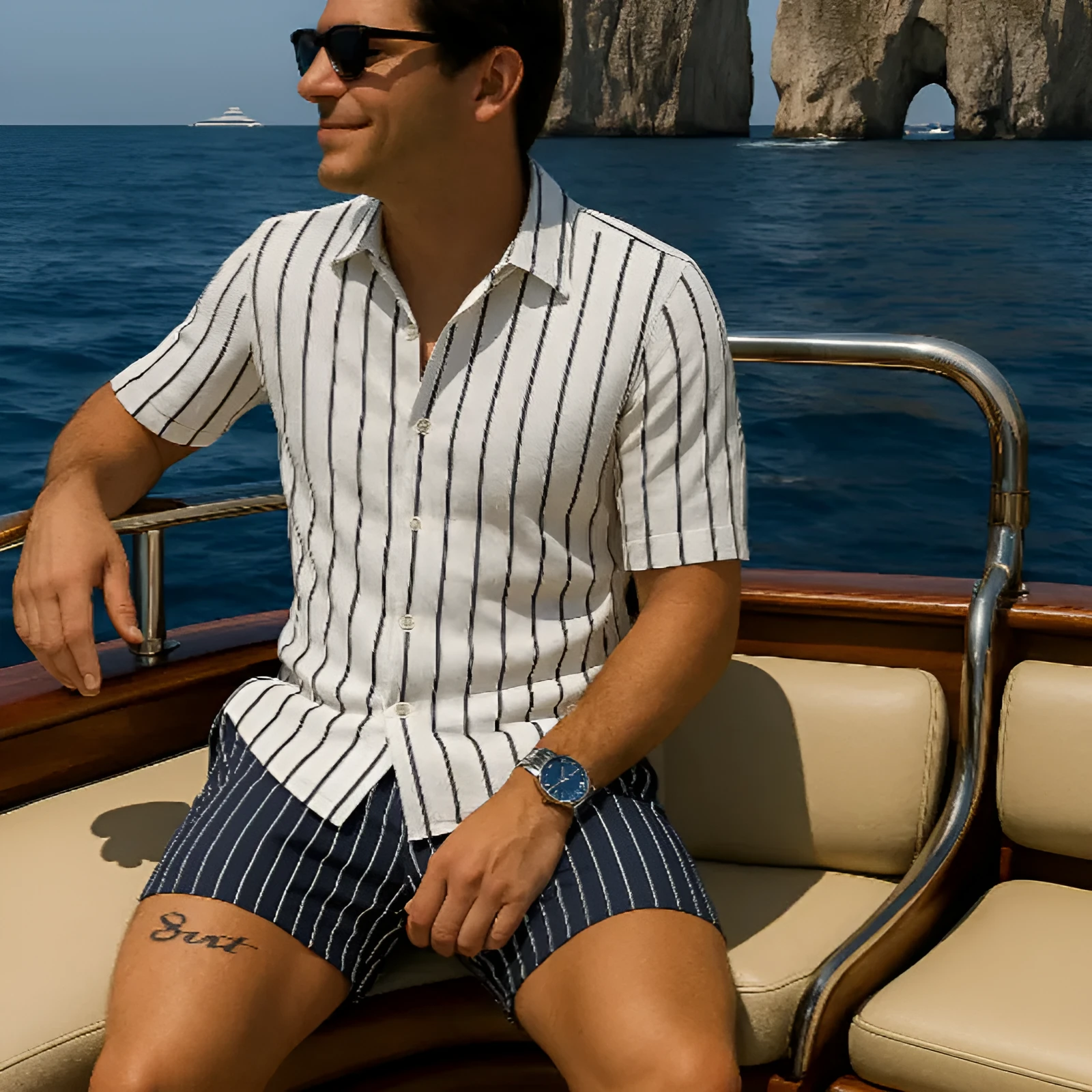 Men's light mature style beach shirt and shorts set in four-sided elastic fabric