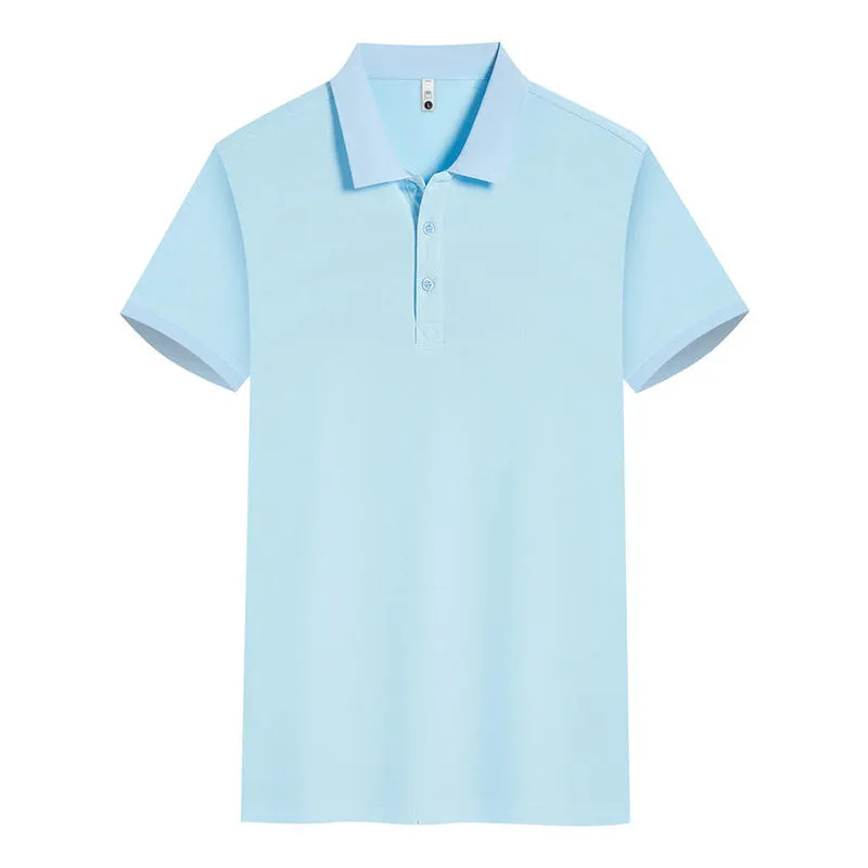 Men's sky blue lapel short sleeve casual shirt made from cool silk cotton blend fabric