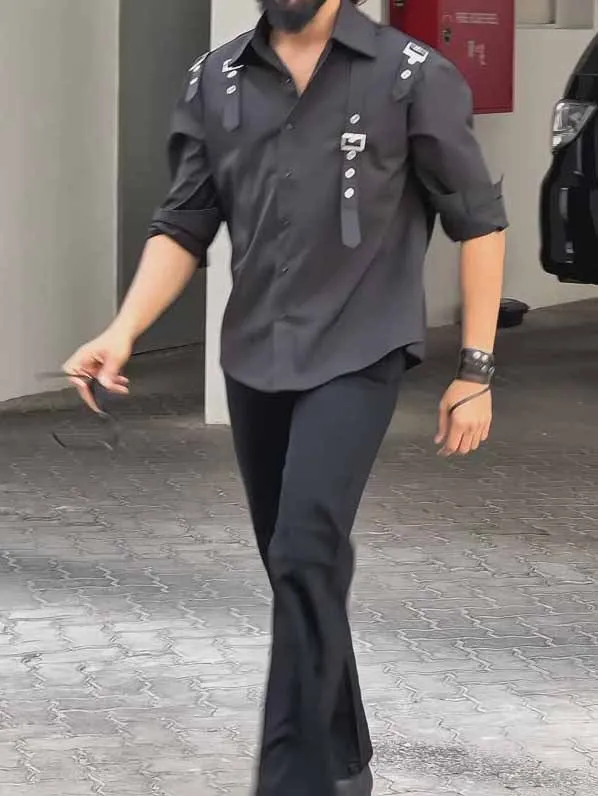 Men's black regular fit button-up shirt made from polyester, shown on a hanger.