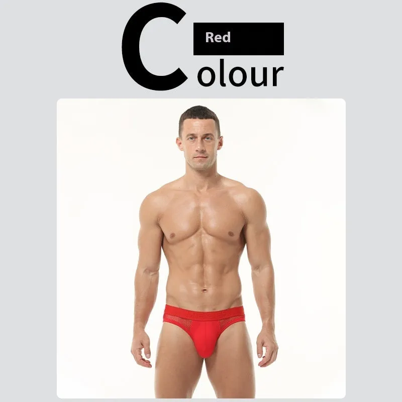 Men's low-waist solid colour briefs in high elastic mesh fabric, shown in multiple colours.